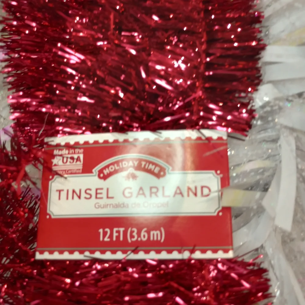 Christmas Shoppe Garland 9 Ft Shiny White Glittery Red Tinsel 12 Foot Brand New
